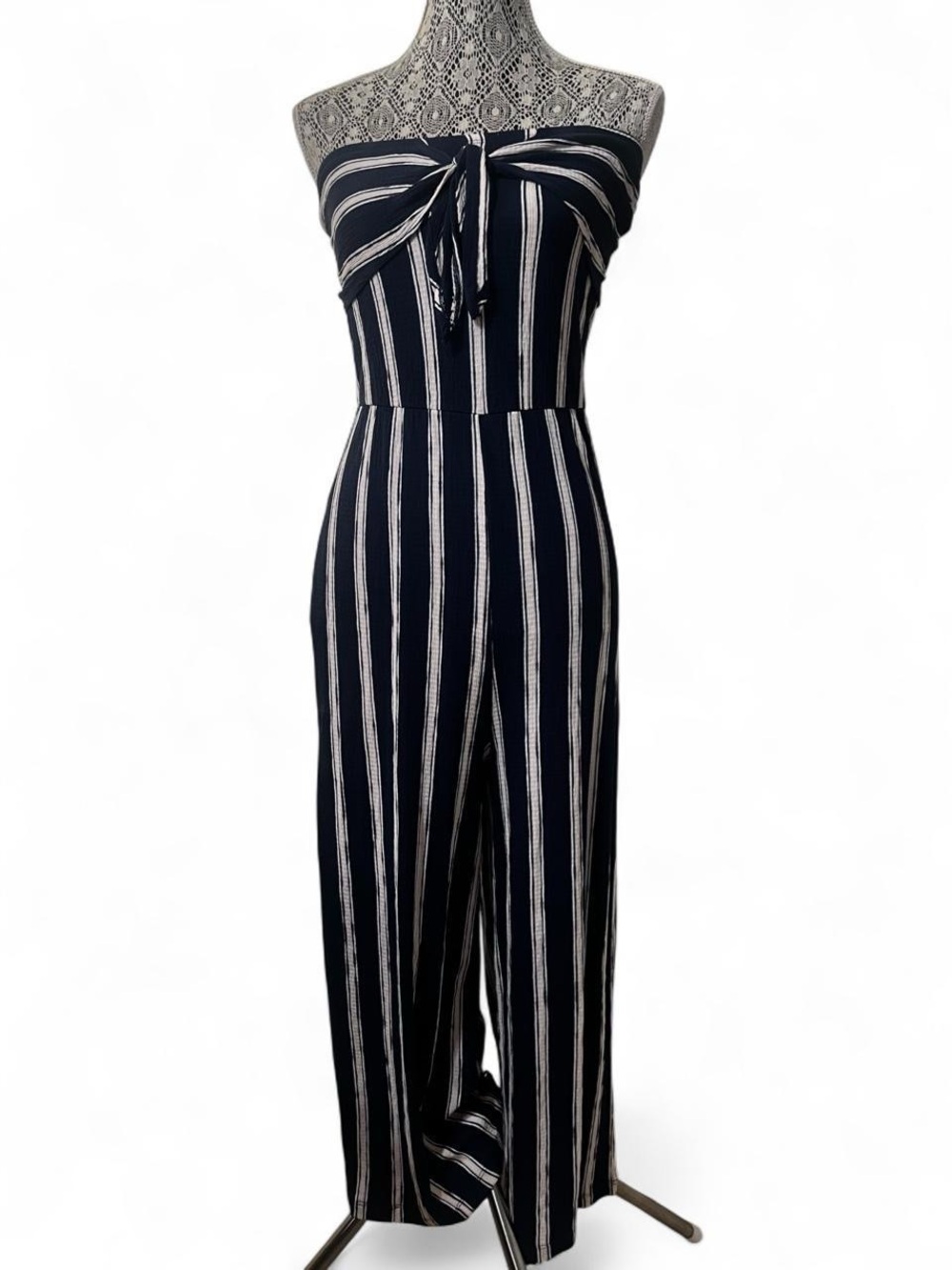 Love Tree Navy and White Strapless Wide-Leg Jumpsuit - Picture 1 of 5